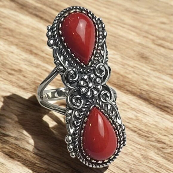 🌵 CAROLYN POLLACK AMERICAN WEST Red Coral .925 Sterling Western Flair  Sz 9🔥 - Picture 2 of 10